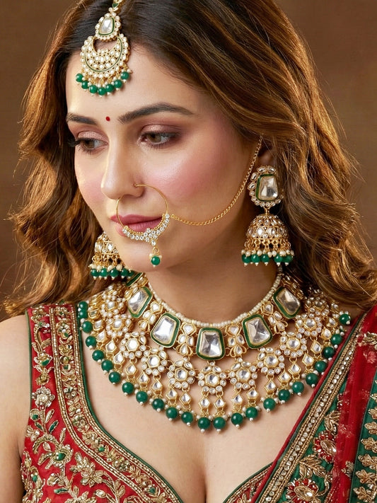 18 KT Gold Plated Kundan Bridal & Semi-Bridal Necklace Set with Earrings, Maang Tikka & Nath (2476-M8SK-1101-G)