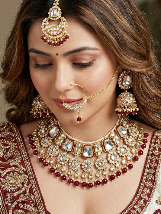 18 KT Gold Plated Maroon Kundan Bridal & Semi-Bridal Necklace Set with Earrings, Maang Tikka & Nath (2476-M8SK-1101-M)