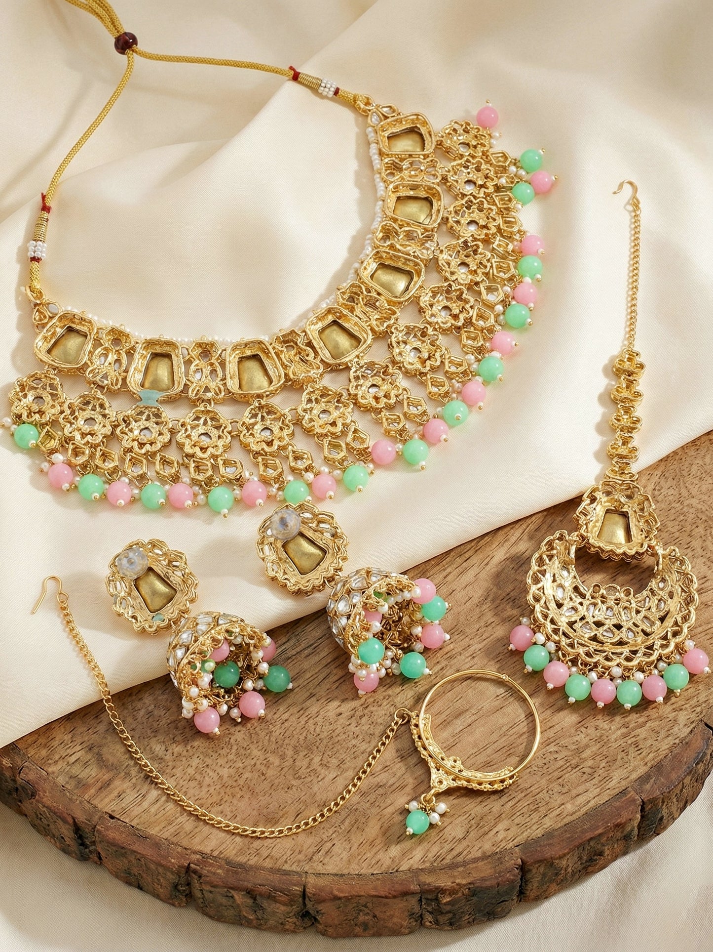 18 KT Gold Plated Pink Mint Kundan Bridal & Semi-Bridal Necklace Set with Earrings, Maang Tikka & Nath (2476-M8SK-1101-PKMNT)