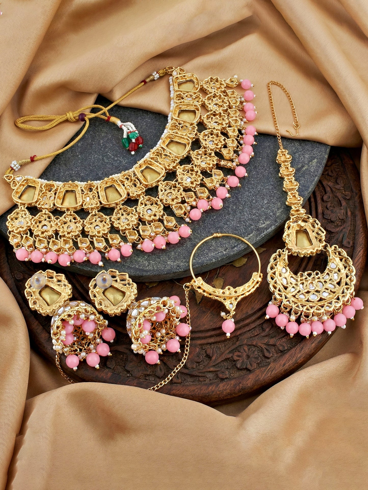 18 KT Gold Plated Pink Kundan Bridal & Semi-Bridal Necklace Set with Earrings, Maang Tikka & Nath (2476-M8SK-1101-PK)