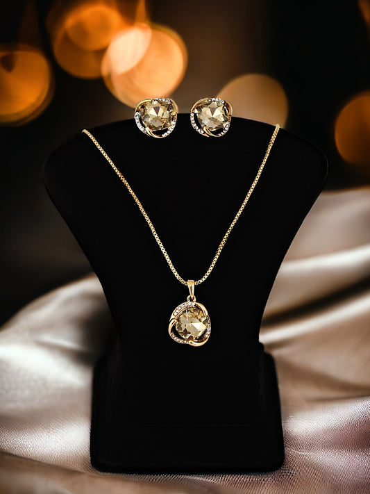 Trendy Gold Plated Stone Pendant Chain With Earrings
