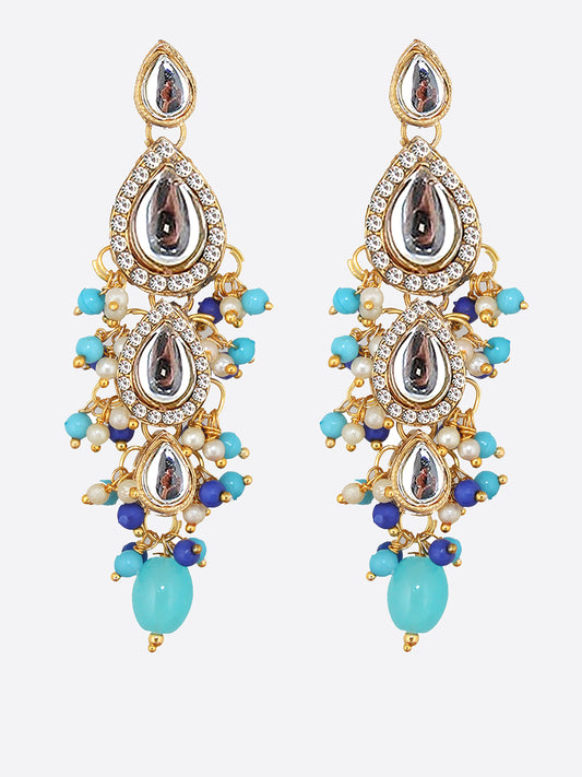 Traditional Gold Plated Kundan Stone Firoji Blue Earrings for Girls & Women