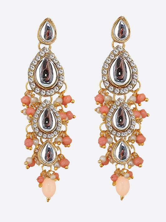 Traditional Gold Plated Kundan Stone Light Peach Earrings for Girls & Women