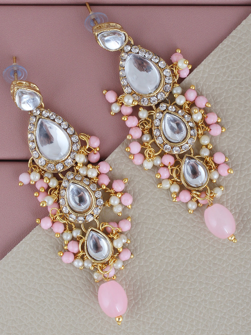 Traditional Gold Plated Kundan Stone Pink Earrings for Girls