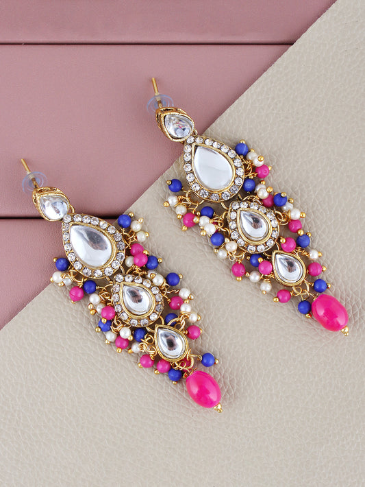 Traditional Gold Plated Kundan Stone Magenta Blue Earrings for Girls & Women
