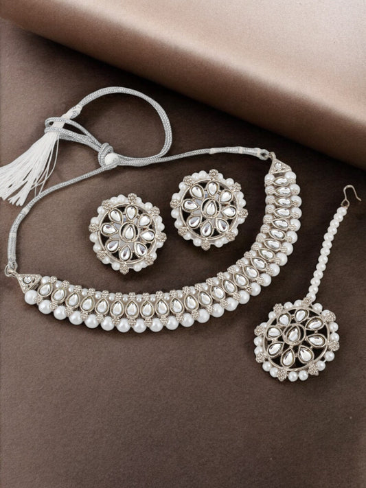 Trendy Silver-Plated Beaded Kundan Necklace Set For Women & Girls (264-SSK-585-W-S)