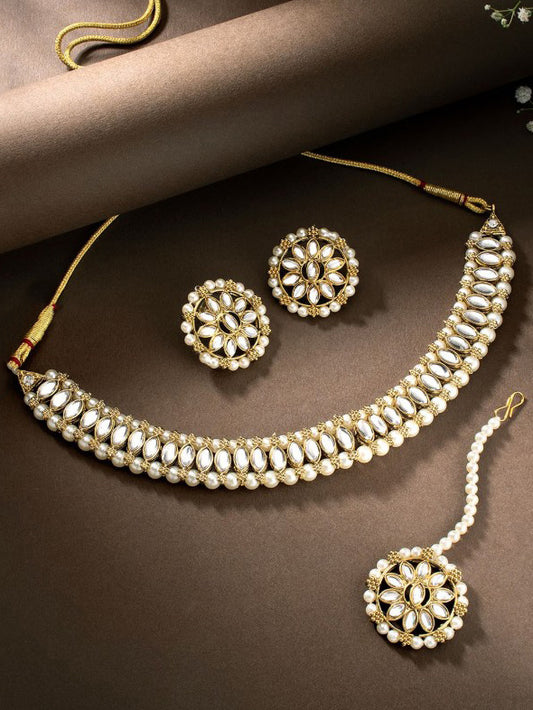 Trendy Gold-Plated Beaded Kundan Necklace Set For Women & Girls (264-SSK-585-W)