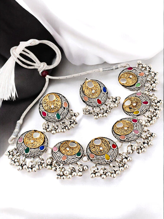 Trendy Oxidised Navratri Jewellery Traditional Choker Necklace and Earrings with Tassled Ghungroo (264-TSO-2303-MT)