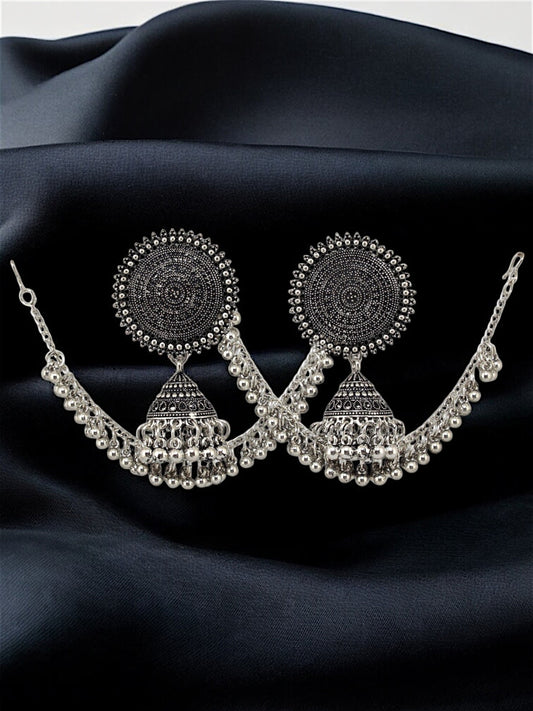 Trendy Oxidised Silver Plating Jhumki Earring For Women and Girls | Designer Earrings with Tasseled Ear Chain (271-TJO-2841)