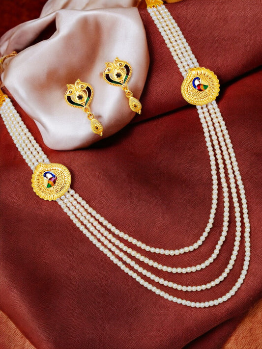 Trendy Four Line White Beaded Layered Necklace with Earrings (297-M7SM-2046-Q)