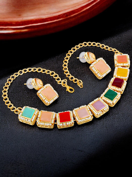 Trendy Gold-Plated Multi-Color Choker Necklace Set with Earrings (297-SSM-595-MT)