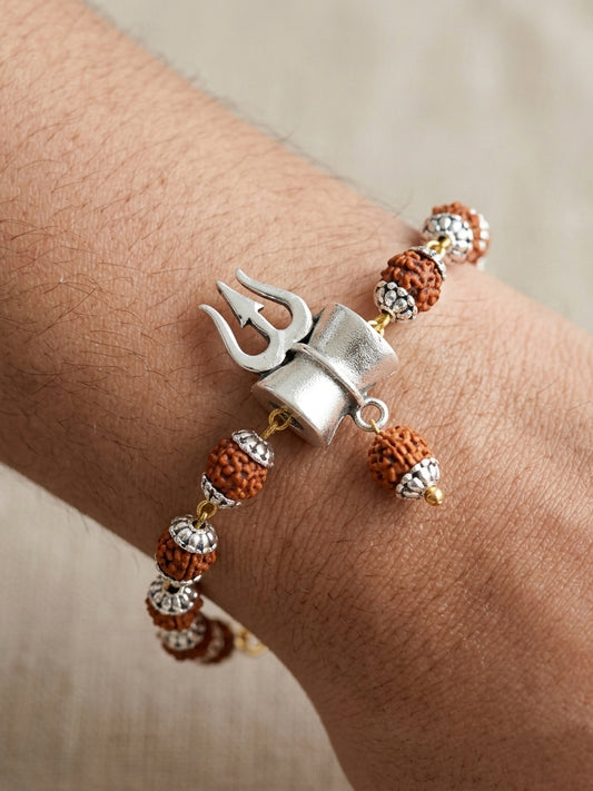 Spiritual Trishul Rakhi Bracelet for Brother with Rudraksha Beads, Gold Chain Clasp, Roli Chawal (108-JPR1-1972-S-1-2026)