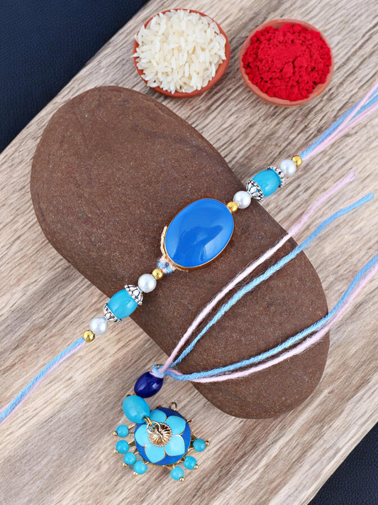 Lucky Jewellery Designer Blue & Turquoise Meena Rakhi - Rakshabandhan Rakhee with Tasseled Lumba Bracelet for Brother Bhaiya Bhai Bhabhi - Pack of 2 (265-CHCR1-1151-FB-2)