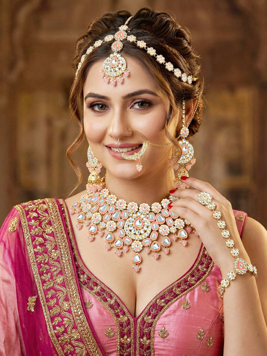 Bridal Kundan Pink Choker Jewellery Set with Hathphool & Nath (2541-IZK-554-PK)