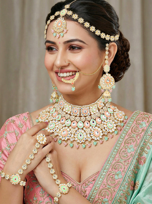 Bridal Kundan Pink Mint Multicolor Heavy Choker Jewellery Set with Hathphool & Nath (2640-IZK-551-PKMNT)