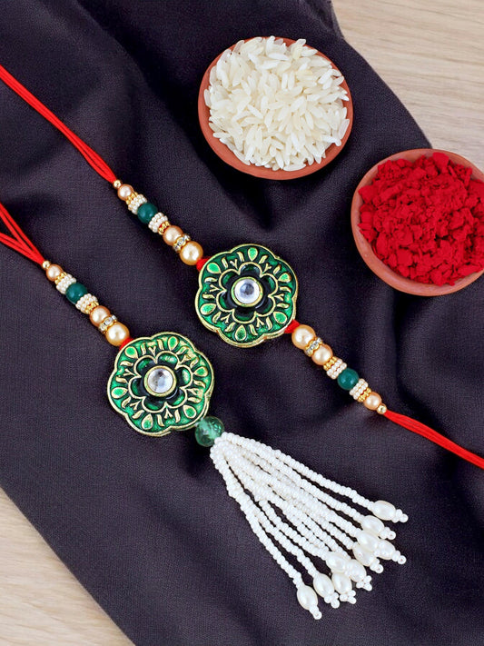 Lucky Jewellery Designer Green Color Meena Rakhi - Rakshabandhan Rakhee with Pearl Lumba Bracelet for Brother/Bhaiya/Bhai/Bhabhi - Pack of 2 (130-JPCR1-1853-G-2)