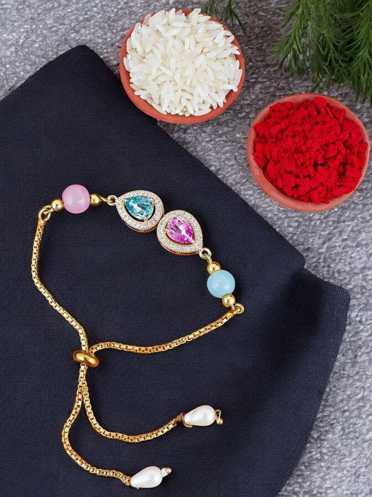 Lucky Jewellery Designer Multi Color Stone Rakhi - Rakshabandhan Rakhee Bracelet Lumba for Bhabhi/Girls & Women with Pull Chain Pack of 1 (209-CHB2-1279-PKF)