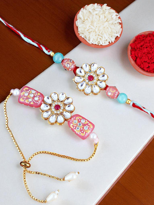 Lucky Jewellery Designer Kundan Stone Floral Rakhi - Rakshabandhan Rakhee with Lumba Bracelet for Brother/Bhaiya/Bhai/Bhabhi - Pack of 2 (173-CHR1-1849-2)