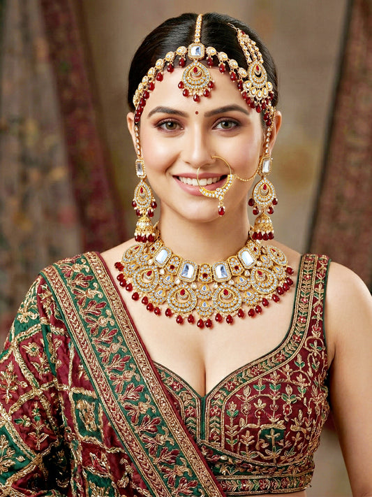 Bridal AD Maroon Stone Heavy Choker Jewellery Set with Sheesh Patti, Nath & Jhumka (3300-M8ZK-1106-M)