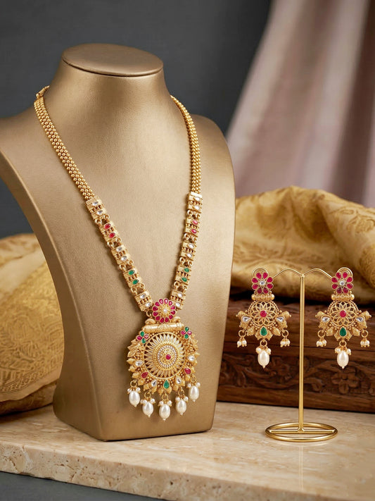 Lucky Jewellery Gold-Plated Ruby & Green Color Long Necklace Set (750-G2SR-204-RG)