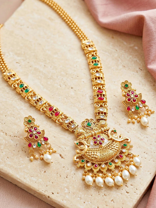 Lucky Jewellery Gold-Plated Ruby & Green Color Long Necklace Set (750-G2SR-206-RG)