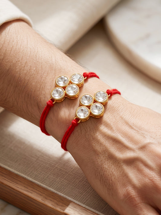 LUCKY JEWELLERY Traditional Rakhi for Brother/Bhaiya – Gold Plated Red Thread Rakshabandhan Rakhie White Stones for Bhai/Bhabhi (Pack of 2) – Fancy Rakhee Bracelet Rakshasutra (198-L1R1-19-W-2-2026)
