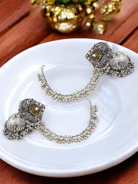 Trendy Oxidised Silver Plating Jhumki Earring For Women and Girls | Designer Earrings with Tasseled Ear Chain (367-TJO-16905)