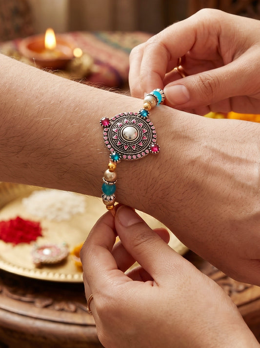 Set of 2 Oxidised Mandala Rakhi for Brother with Silver & Blue Beads, Roli Chawal & Card (96-CHR1-1962-2-2026)