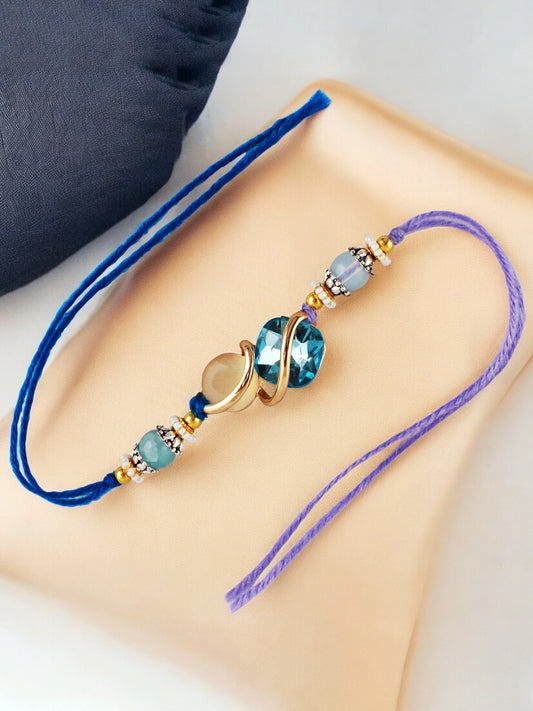 Lucky Jewellery Designer Gold Plated Blue Color Stone Rakhi - Rakshabandhan Rakhee Bracelet for Brother Bhaiya Bhai Bhabhi - Pack of 3 (300-CHR1-1002A-3)