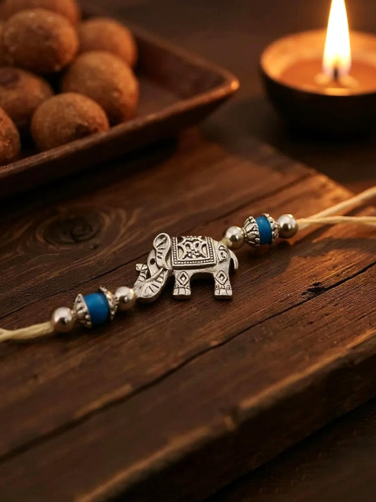Lucky Jewellery Designer Oxidised Silver Elephant Design Rakhi - Rakshabandhan Rakhee Bracelet for Brother/Bhaiya/Bhai/Bhabhi - Pack of 2 (78-JPR1-1961-S-2)