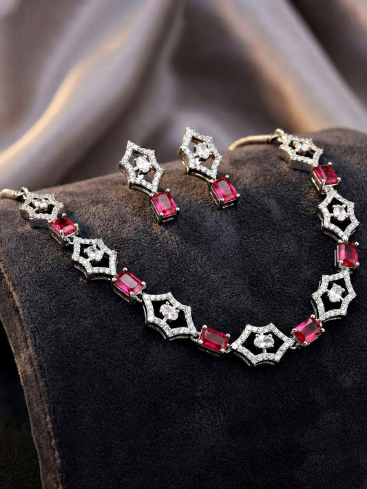 Silver-Tone Ruby Red Stone & American Diamond Necklace Set with Earrings for Women – Office, Party & Function Wear (628-K4SA-2240-R-S)