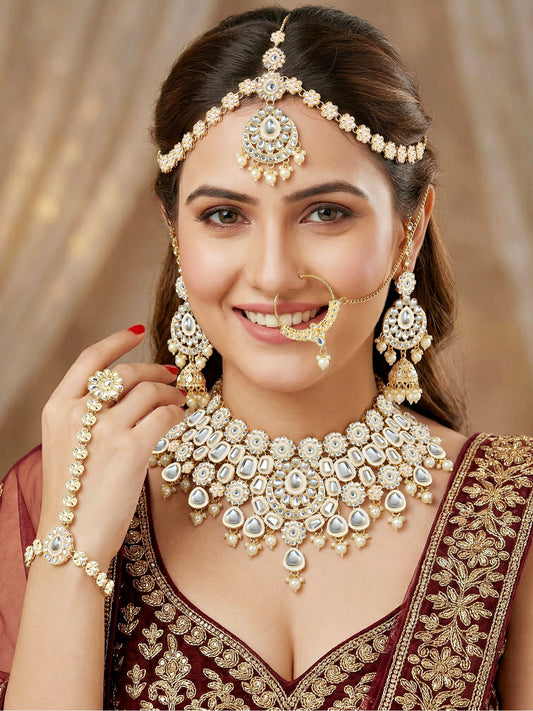 Bridal Kundan White Pearl Choker Jewellery Set with Hathphool & Nath (2541-IZK-554-W)