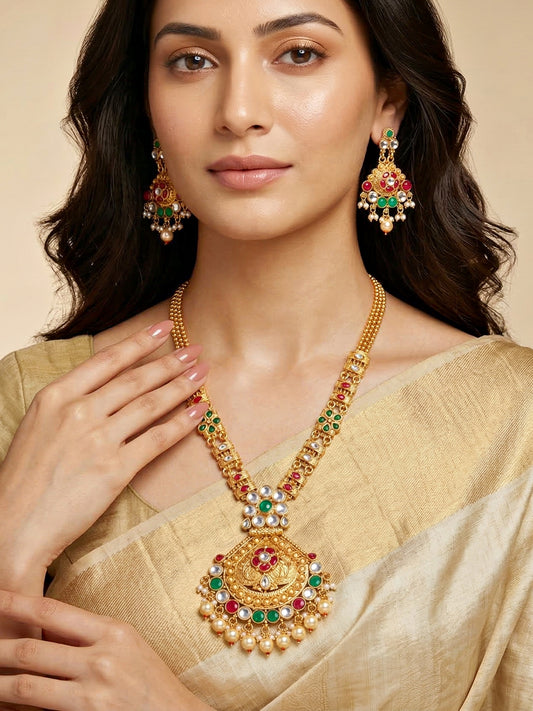 Lucky Jewellery Gold-Plated Ruby & Green Color Necklace Set (732-G2SR-191-RG)