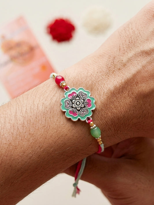 Set of 2 Floral Rakhi for Brother with Magenta & Mint Beads, Roli Chawal & Card (108-CHR1-1966-MNTR-S-2-2026)