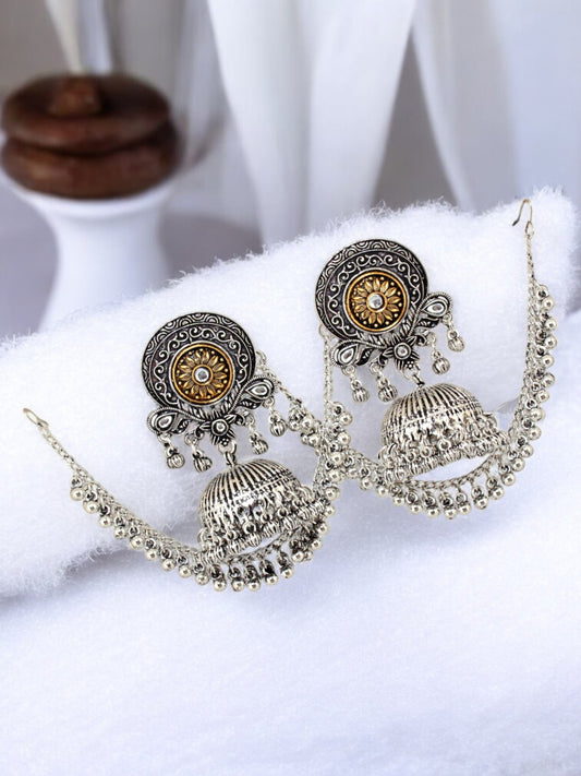 Trendy Oxidised Silver Plating Jhumki Earring For Women and Girls | Designer Earrings with Tasseled Ear Chain (367-TJO-16906)