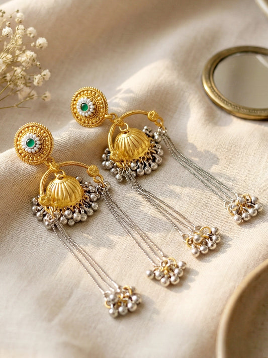 LUCKY JEWELLERY Trendy Celebrity Inspired Oxidised Silver Pink Stone Long Dangler Earrings For Girls & Women | Antique Silver Jhumkee Earing Set | Birthday Gift Earrings Valentine Anniversary Gift