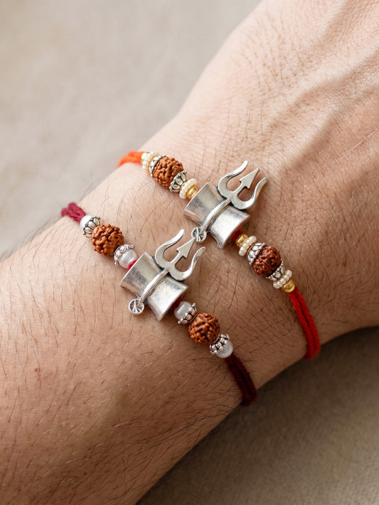 Set of 2 Trishul Damaru Rakhi for Brother with Rudraksha & Gold Beads, Roli Chawal & Card (116-JPR1-1972-S-2-2026)