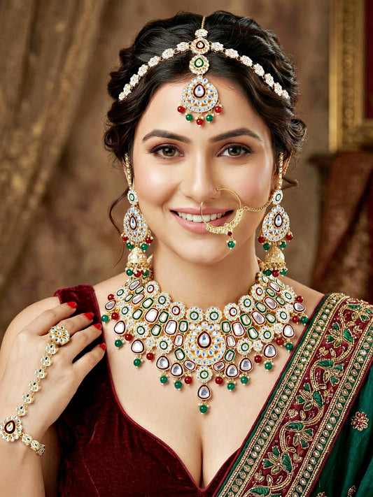 Bridal Kundan Multicolor Choker Jewellery Set with Hathphool & Nath (2541-IZK-554-MG)