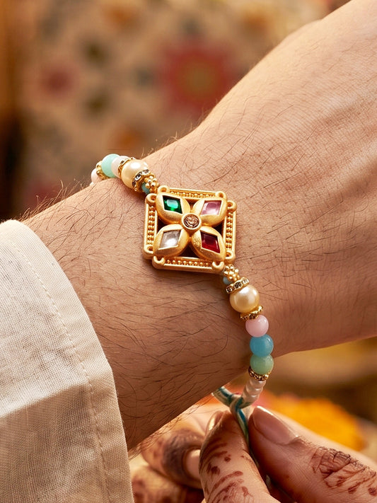 Designer Multi-Color Floral Stone Rakhi for Brother | Pastel Beaded Raksha Bandhan with Roli Chawal (49-S7R1-YO2118)