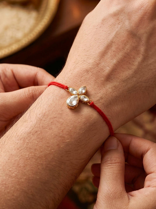 LUCKY JEWELLERY Traditional Rakhi for Brother/Bhaiya – Gold Plated Red Thread Rakshabandhan Rakhie White Stones for Bhai/Bhabhi (Pack of 2) – Fancy Rakhee Bracelet Rakshasutra (152-L1R1-06-W-2-2026)