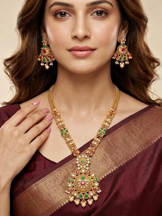 Lucky Jewellery Gold-Plated Ruby & Green Color Long Necklace Set (732-G2SR-194-RG)