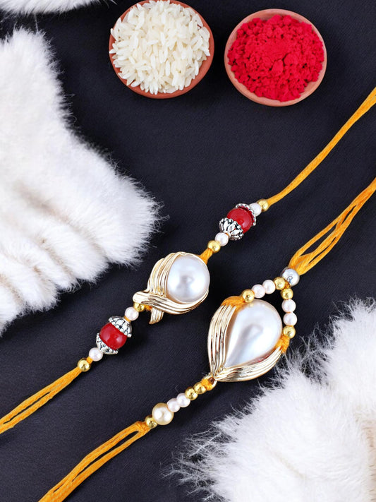 Lucky Jewellery Designer Gold Plated Pearl Rakhi - Rakshabandhan Rakhee Lumba Bracelet for Brother Bhaiya Bhai Bhabhi - Pack of 2 (275-CHR1-1137-2)