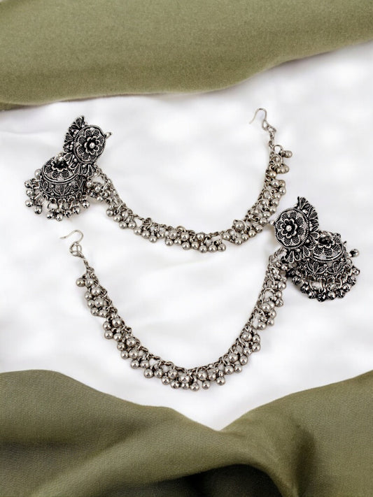 Trendy Oxidised Silver Plating Jhumki Earring For Women and Girls | Designer Earrings with Tasseled Ear Chain (215-TJO-2722)
