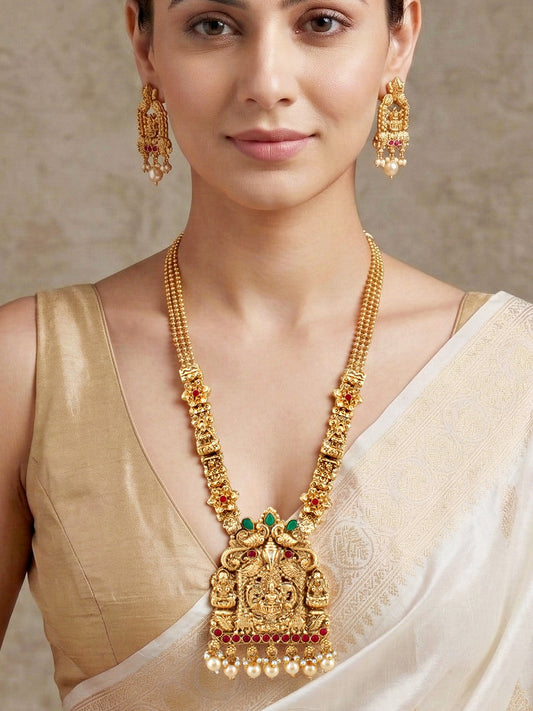 Lucky Jewellery Gold-Plated Ganesh Laxmi Ruby & Green Color Necklace Set (660-G2SR-200-RG)