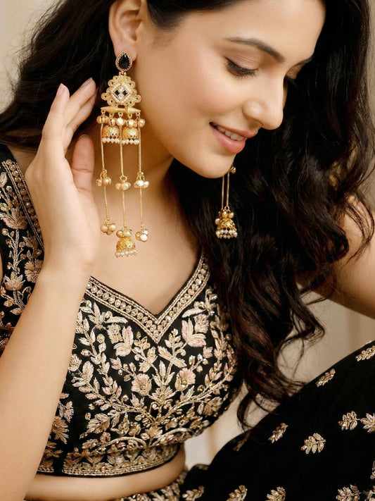 LUCKY JEWELLERY Gold Plated Kashmiri Earrings with Black Stones, Triple Jhumka with Long Ghungroo Chains for Girls & Women | Designer Earring Set | Birthday, Valentine & Anniversary Gift