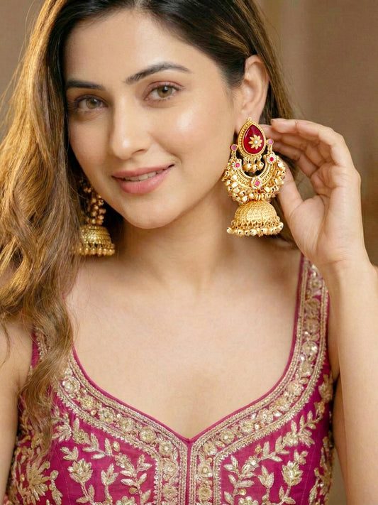 LUCKY JEWELLERY Traditional Gold Plated Kashmiri Jhumka Earrings with Ruby Stone and Ghungroo for Girls & Women | Designer Jhumkee Earring Set | Birthday Gift Earrings Valentine Anniversary Gift
