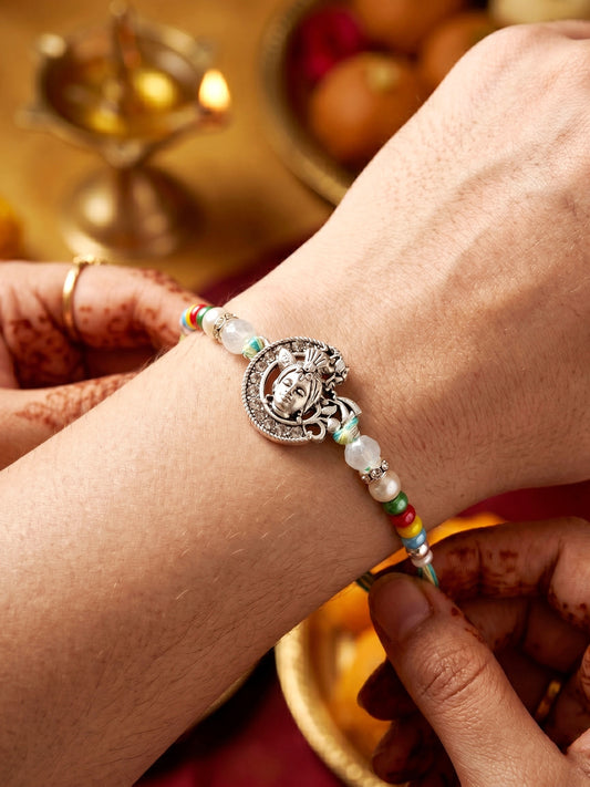 Silver-Tone Bal Gopal Krishna Rakhi for Brother | Beaded Rakhi Set With Roli Chawal & Greeting Card (102-S5R1-AR3007)