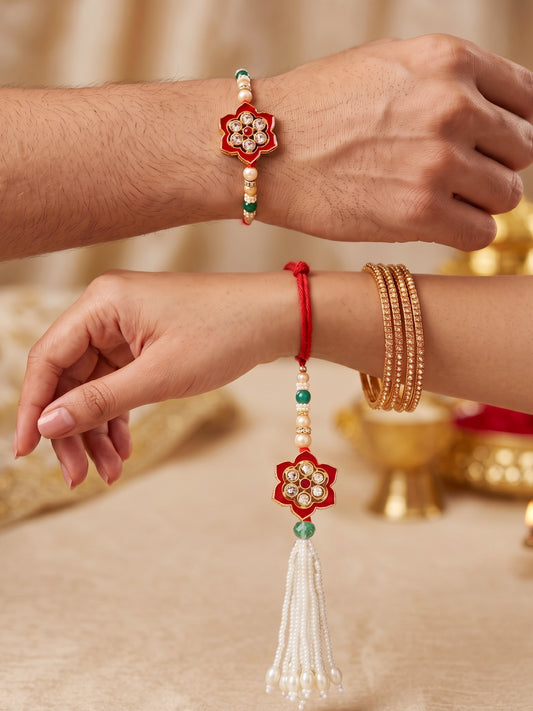 Set of 2 Bhaiya Bhabhi Rakhi Set with Red Floral, Green & White Beads, Tassel Lumba, Roli Chawal (118-JPCR1-1847-M-2-2026)