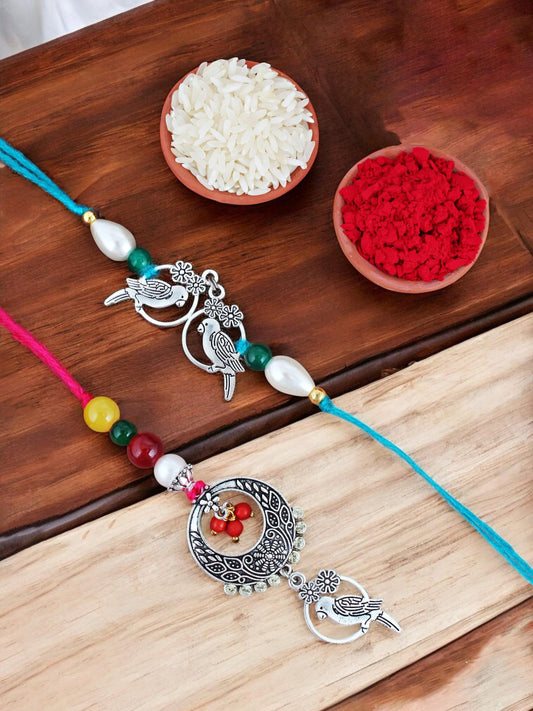 Lucky Jewellery Designer Oxidised Silver Birds Design Rakhi - Rakshabandhan Rakhee with Lumba Bracelet for Brother/Bhaiya/Bhai/Bhabhi - Pack of 2 (108-JPCR1-1952-S-2)