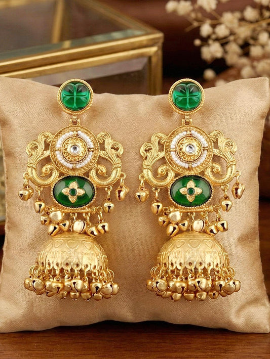 LUCKY JEWELLERY Traditional Gold Plated Green Stone Jhumka Earrings with Ghungroo | Kashmiri Style Designer Jhumki Earrings for Girls & Women | Wedding, Festival, Party & Gift Wear